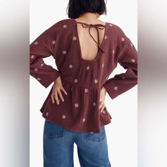 🔖 MADEWELL Embroidered Peplum Open Back Mulberry Top Flower Daisy - Picture 4 of 14